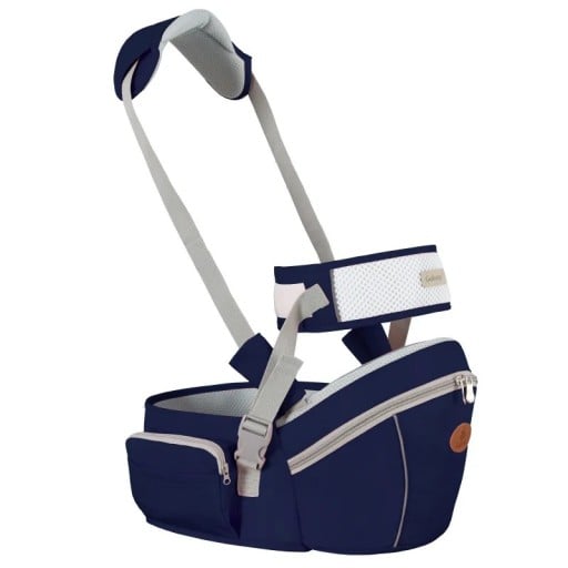 Ergonomické dětské nosítko se sedátkem 21 x 13,5 cm s pásem o délce 118 cm zipovou kapsou a polstrovaným popruhem v tmavě modré barvě
