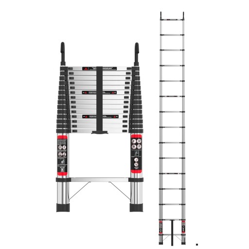 Escalera telescópica 5 m Acero inoxidable Estructura plegable 12 peldaños Capacidad de carga 150 kg Cerraduras de seguridad y ganchos