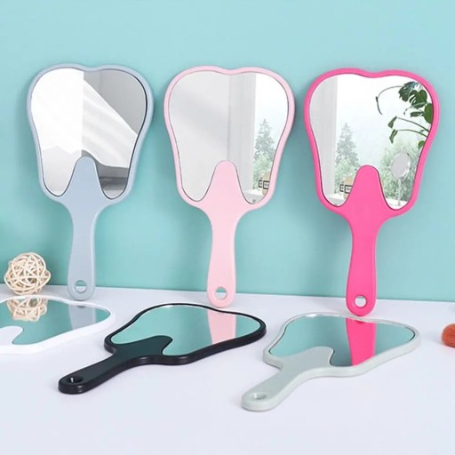 Espejo de mano colorido con forma de diente, espejo pequeño para revisión dental y maquillaje, espejo portátil con asa de alta definición