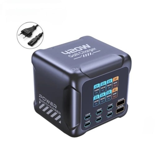 Estação de carregamento 420W GaN com 6 portas USB-C e USB-A e ecrã digital 94 x 88 x 87 mm Carregador rápido de secretária para MacBook iPhone Samsung