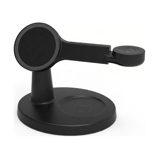 Estação de carregamento sem fios magnética 3 em 1 15 W Suporte com braço para telefone, relógio Apple Watch e auscultadores Base redonda Preta