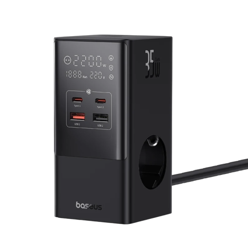 Estación de carga rápida de 35 W con 2 puertos USB A, 2 puertos USB C y 3 salidas de CA. Toma de corriente UE de 4000 W. Protección