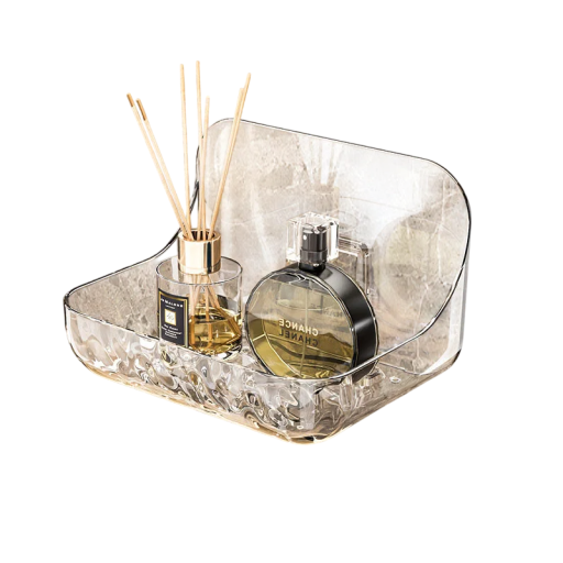 Estante de baño acrílico de pared de 12 x 9 x 8 cm, transparente, organizador de almacenamiento, sin perforaciones, soporte para cosméticos, decoración para lavabo y ducha.