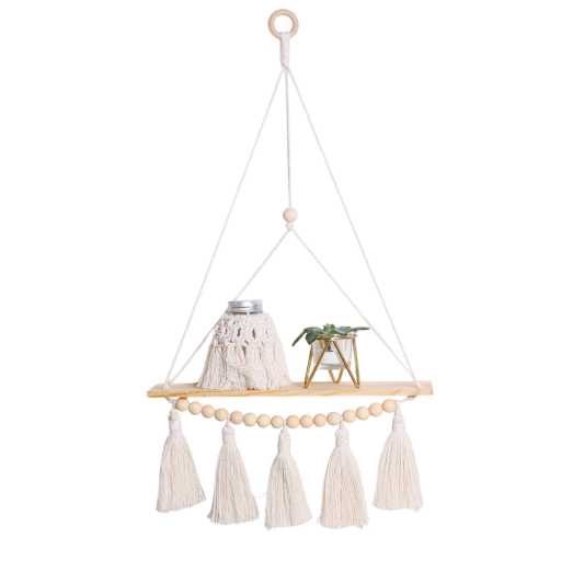 Estante de madera colgante 63 x 35 cm Estante decorativo con cuerda, flecos y cuentas de madera Decoración de pared
