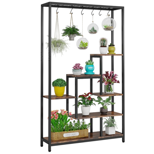 Estante de plantas em metal 5 andares com 10 ganchos suspensos 180 x 30 x 100 cm estante alta para flores para interiores e exteriores