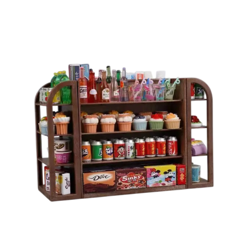 Estante marrón oscuro de 4 estantes Mini supermercado con 30 piezas de alimentos y bebidas Juguete de simulación para niños Stand de juego para jugar