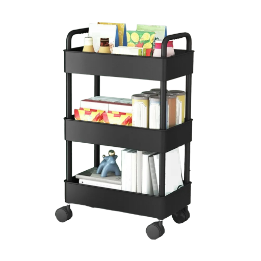 Estantería de almacenamiento con ruedas, 3 niveles, color negro
