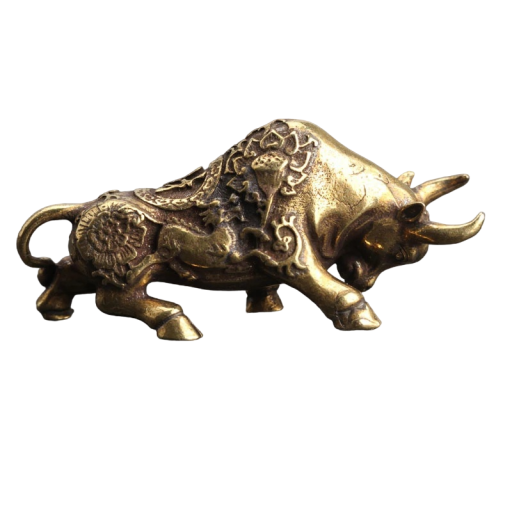 Estatua de toro de cobre con adornos, miniatura para decoración del hogar, figura de toro de cobre para la buena suerte, decoración de interiores vintage, 4,4 x 2 cm