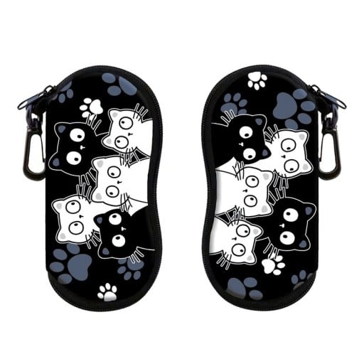 Estojo de óculos preto 17,9 x 8,5 cm com motivo de gatos desenhados com fecho de zip e mosquetão para pendurar Proteção de óculos