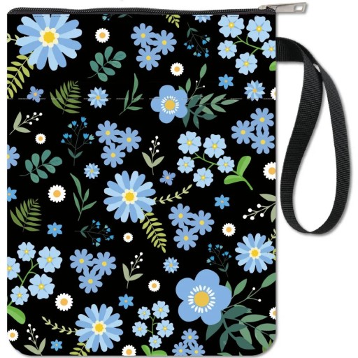Estojo de tecido preto com fecho de correr 28 x 22 cm organizador à prova de água com bolso e alça padrão floral azul