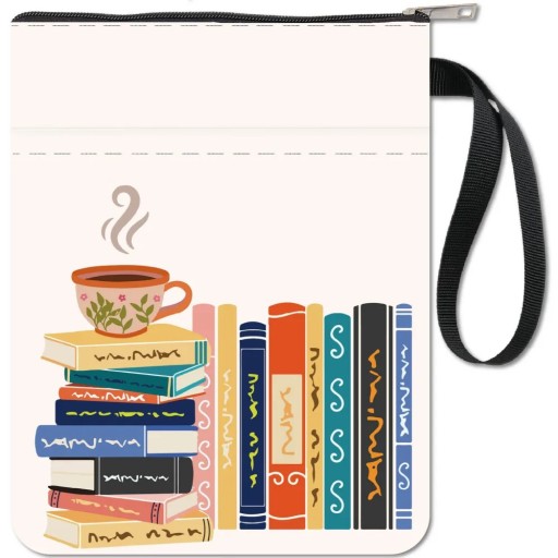 Estojo têxtil com fecho de correr 28 x 22 cm organizador à prova de água com bolso e alça com motivo de livros e chávena de café