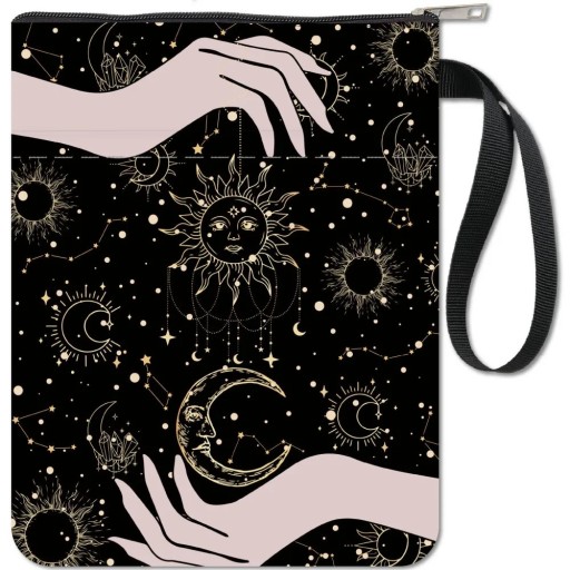 Estojo têxtil com fecho éclair 28 x 22 cm organizador à prova de água com bolso e alça motivo lua sol e estrelas