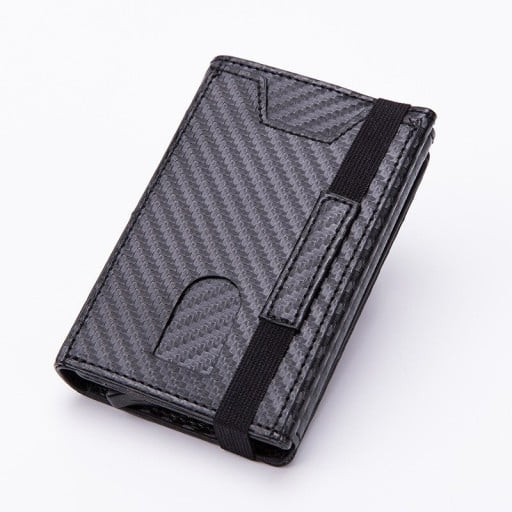 Estuche de viaje para documentos y tarjetas de PU cuero y aluminio Dimensiones compactas 11 x 2,7 x 7,5 cm Bolsillo frontal con corte Elástico