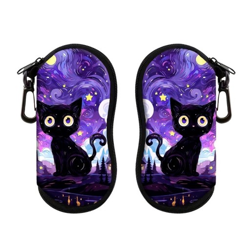 Estuche para gafas 17,9 x 8,5 cm con motivo de gato negro Diseño elegante Motivo sencillo Mosquetón Cierre de cremallera