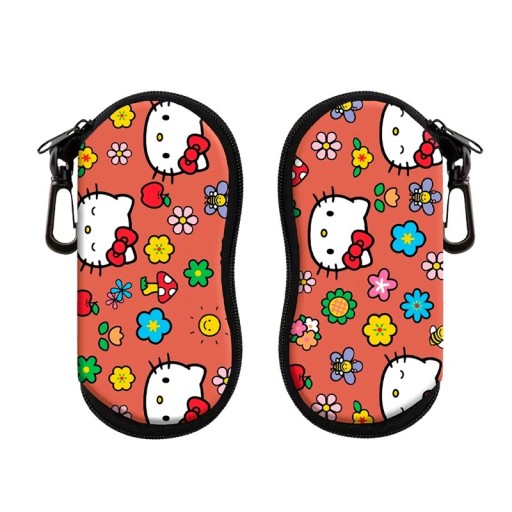 Estuche para gafas 17,9 x 8,5 cm Estuche rojo claro con cremallera Mosquetón Funda protectora con motivo de flor y gato blanco