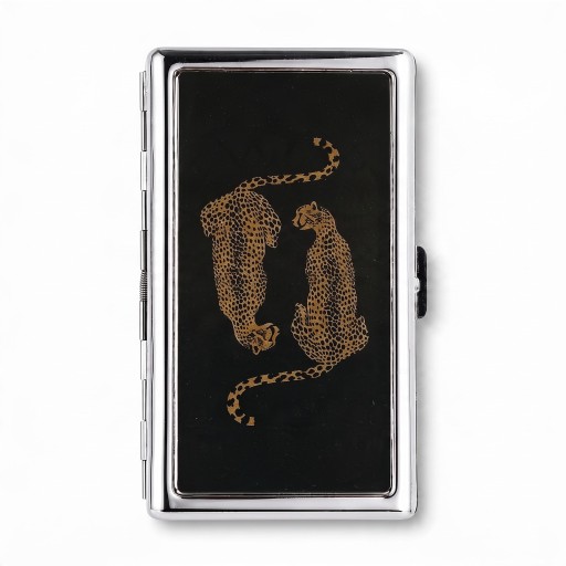 Estuche para tarjetas estilo vintage 10 x 6 x 2 cm metálico plateado con tapa negra motivo de dos guepardos dos compartimentos para tarjetas