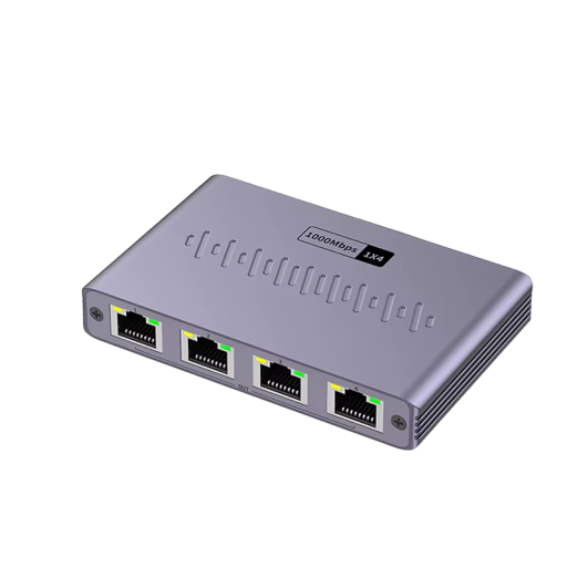 Ethernetfordeleradapter RJ45 4 porte 1000Mbps gigabit LAN splitter Cat6 grå metal udførelse til netværksenheder