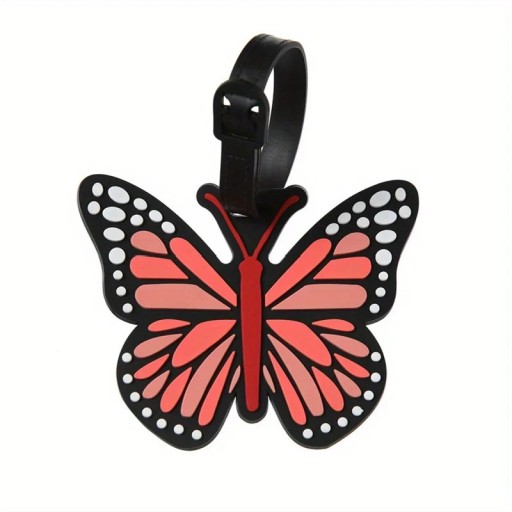 Etiqueta de equipaje en forma de mariposa 10,5 × 10,5 cm de silicona negra y roja identificativa para maletas o bolsas de viaje