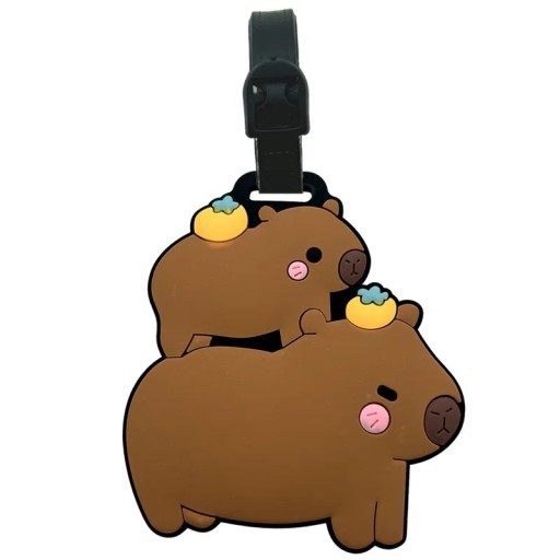 Étiquette de bagage en forme de capybara avec un petit 9 cm PVC marron-jaune étiquette d'identification pour valise ou sac de voyage