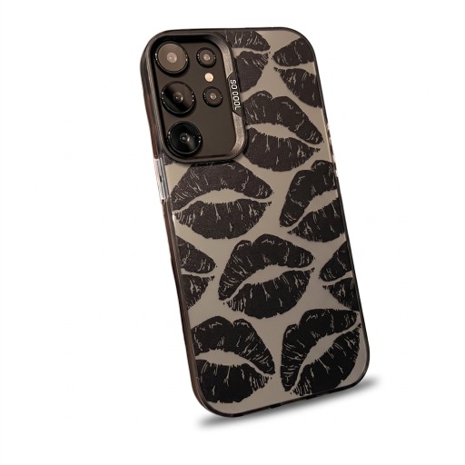 Étui à baisers pour Samsung Galaxy A55 5G Résistant Ultra fin Fond gris mat avec des lèvres noires Bord noir Protection de l'appareil photo Pour tous les jours