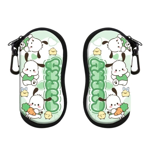 Étui à lunettes 17,9 x 8,5 cm avec motif chien et poulet Étui vert avec fermeture éclair et mousqueton Housse de protection pour lunettes de vue et lunettes de soleil