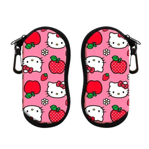Étui à lunettes 17,9 x 8,5 cm Étui rose avec fermeture éclair et mousqueton Housse de protection avec un motif de chat blanc, de fraises et de pommes rouges