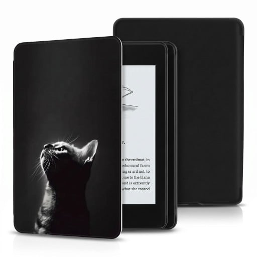 Étui à rabat noir 6 pouces pour Kindle 10ème génération 2019 avec un portrait en noir et blanc d'un chat regardant vers le haut avec une sangle