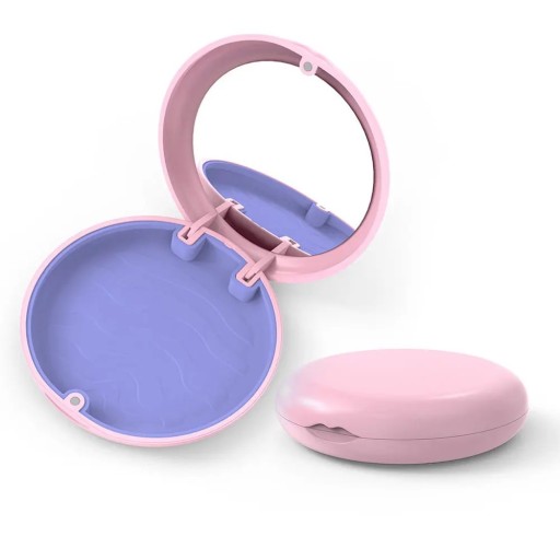 Etui für Zahnspangen und Zahnprothesen mit Spiegel 9 x 9 x 2 cm Kunststoff rosa mit buntem Innenraum zur Aufbewahrung von Alignern