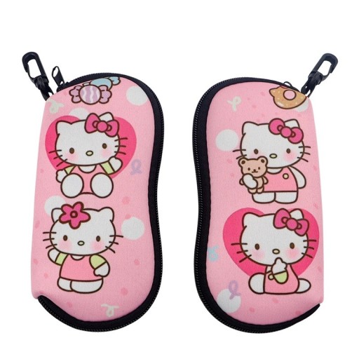 Etui na okulary 17,9 x 8,5 cm Różowe etui z kreskówkowym kotem i sercami Zapięcie na suwak Karabińczyk do zawieszenia