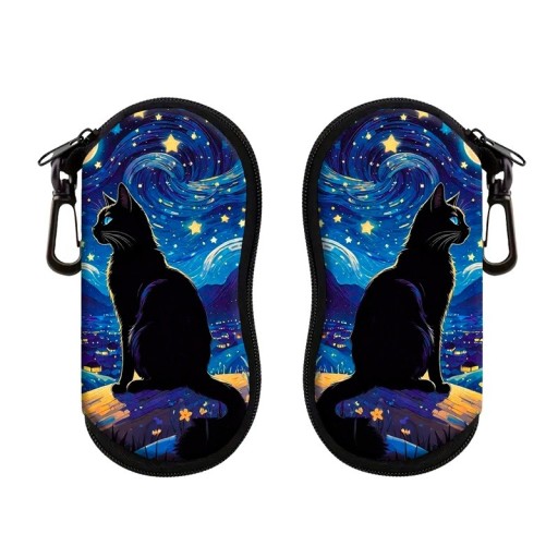 Etui na okulary 17,9 x 8,5 cm z motywem czarnego kota Elegancki design Prosty motyw Karabińczyk Zapięcie na zamek błyskawiczny