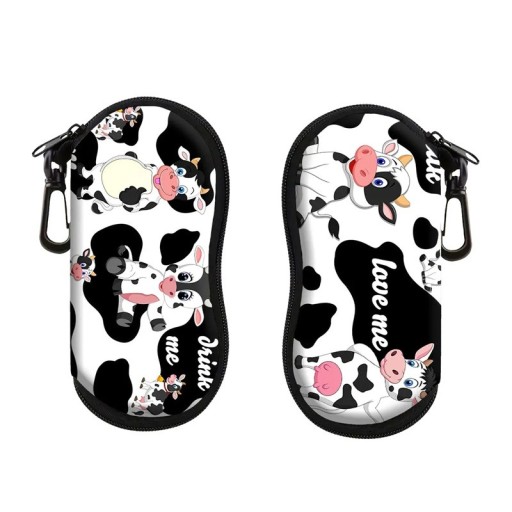 Etui na okulary 17,9 x 8,5 cm Zamek błyskawiczny z karabińczykiem Czarno-biały motyw krowy Nadruk krowy Ochrona okularów w podróży i w domu