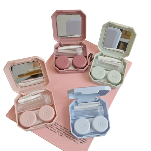 Etui na soczewki kontaktowe z lusterkiem i akcesoriami rozmiar 5,9 x 5,9 x 2 cm plastikowe kolorowe etui do podróży
