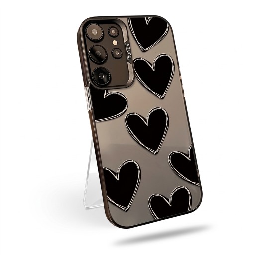 Étui pour Samsung Galaxy A55 5G Motif grands cœurs Résistant Ultra fin Mat gris Cœurs noirs avec bord blanc Protecteur d'objectif