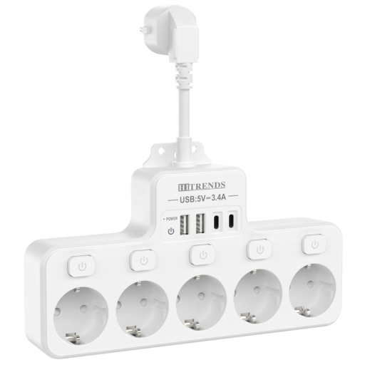 EU-adapter med 5 stikkontakter, USB A + USB C, forlængerkabel 16A 3840W, hurtigopladning, individuelle kontakter, overbelastningsbeskyttelse