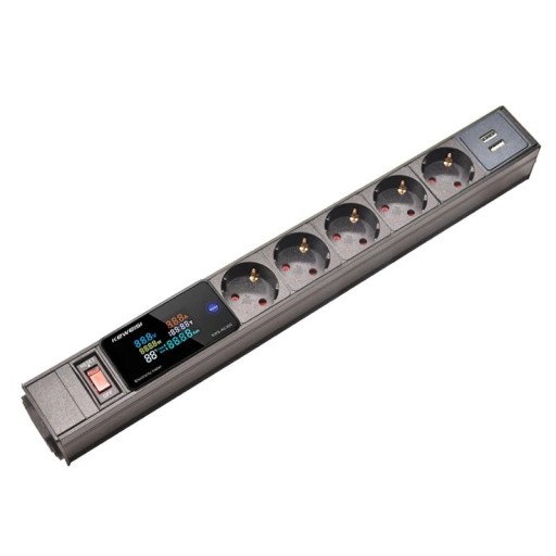 EU Extension Lead with Display and Power Consumption Measurement 5 Sockets 39.8 cm Aluminium Alloy + PC Cable 1.5 m for Home and Office
