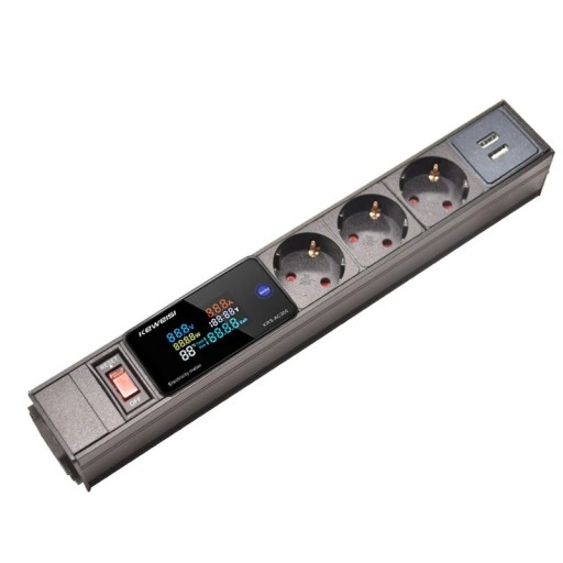 EU Extension Lead with Display and Power Meter 3 Sockets 31.2 cm Aluminium Alloy + PC Cable 1.5 m for Home and Workshop