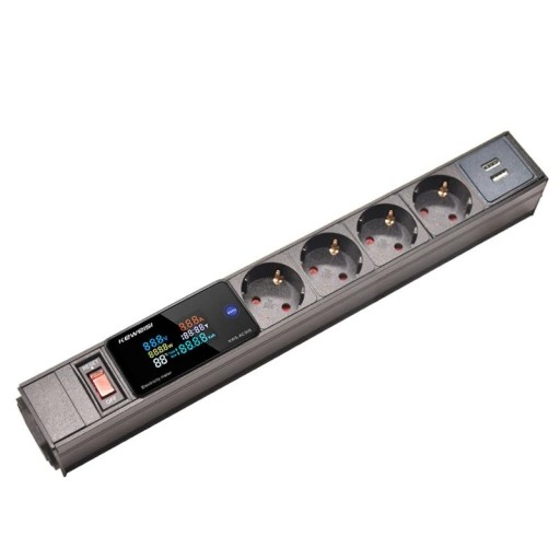 EU Extension Lead with Display and Power Meter 4 Sockets 35.5 cm Aluminium Alloy + PC Cable 1.5 m for Home and Office