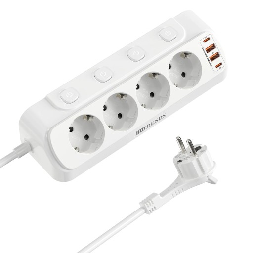 EU Extension Lead with Switches 4× Socket USB Ports Cable 2 m PC+ABS for Home