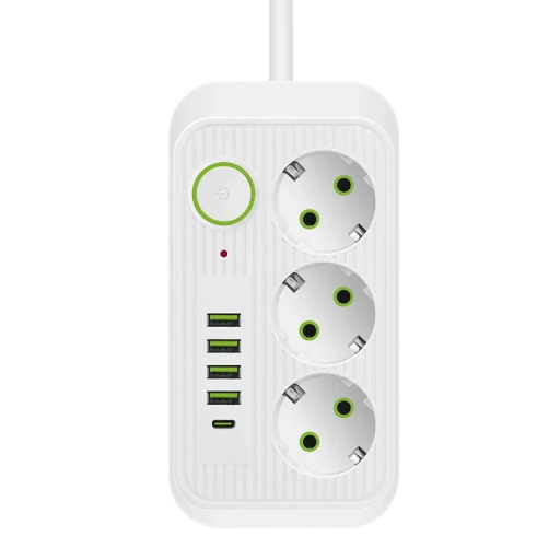 EU-forlængeradapter 2M kabel Multistikkontakt 3× AC + USB C + 4× USB A Hurtigopladning LED-indikatorlys Tænd/sluk-knap 2500W