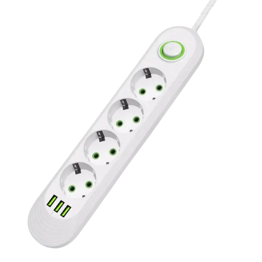 EU-forlængerkabel 2m 4AC 2500W med afbryder og indikatorlampe, strømfilter, 3× USB A 2.1A 5V strømstik, kontoradapter, universal