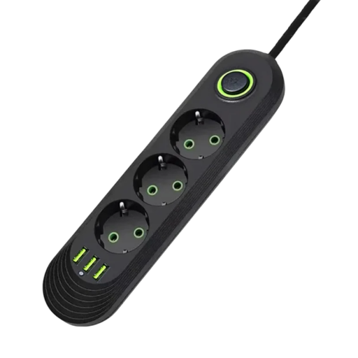 EU-jatkokaapeli 2m 3AC 2500W pistorasialla ja 3× USB A 2.1A virtasuodattimella 5V kytkimellä merkkivalolla toimistopistorasiasovitin