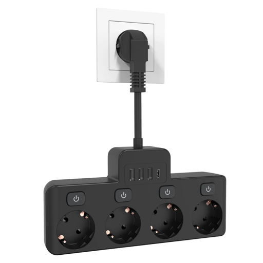 EU-sovitin, jossa 4 pistorasiaa, 2x USB A + USB C, jatkojohto 16A 3840W, pikalataus, erilliset kytkimet, ylikuormitussuoja