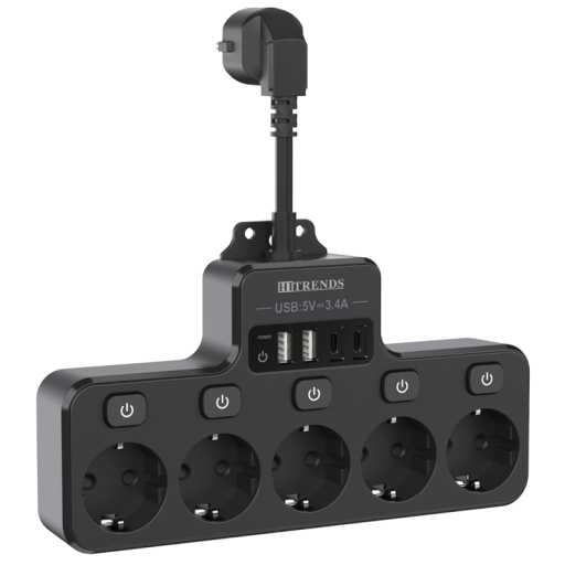 EU-sovitin, jossa 5 pistorasiaa, USB A + USB C, jatkojohto 16A 3840W, pikalataus, erilliset kytkimet, ylikuormitussuoja
