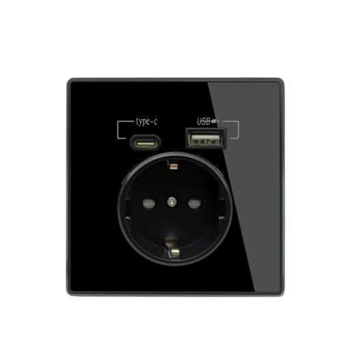 EU-stikkontakt med USB C- og USB A-porte Blå LED-indikator 16A-adapter Vægstikkontakt 5V 2100mA Universal EU AC-stik 86x86 mm