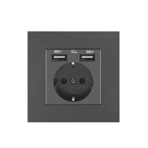 EU-stikkontaktadapter 220V 16A 86×86 mm Stikkontakt med jordforbindelse 2× USB A-port 5V 2.1A Opladningsstik til iOS Android