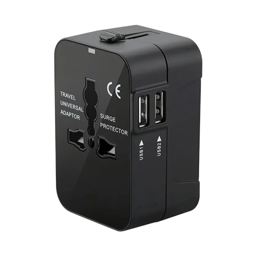 EU universel rejseadapter med EU-stik og -fatning, USB A-porte, AC-strømadapter med beskyttelse, sikkerhedsdæksel og lås