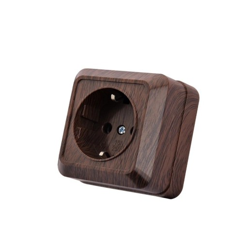 EU Wall Socket with Earthing 16 A 250 V, 63 × 63 × 41 mm, Fire-Resistant Plastic in Wood Finish, Brown, Surface Mount for Outdoor Use