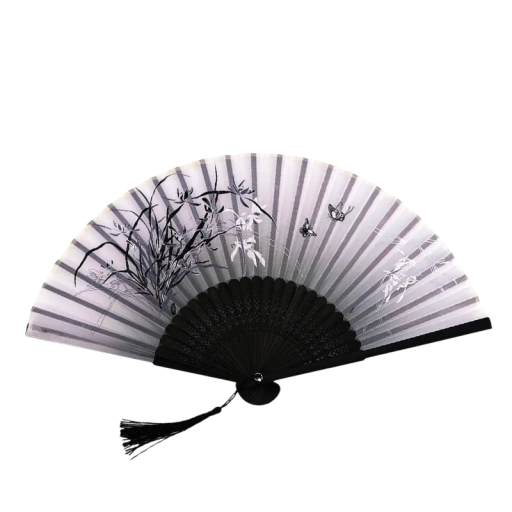 Evantai chinezesc de dama bambus gri 21 cm Accesoriu oriental traditional Evantai pliabil elegant cu decor pentru vara si ocazii festive