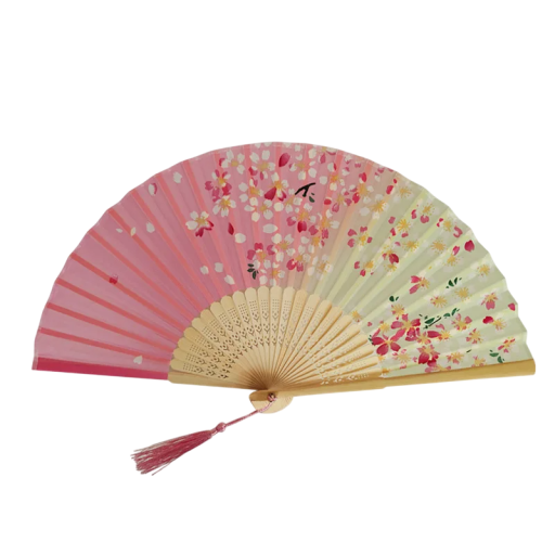 Evantai de bambus pentru femei chinezești 21 cm Evantai roz și galben cu flori de copac Evantai decorativ pliabil Accesoriu elegant de vară