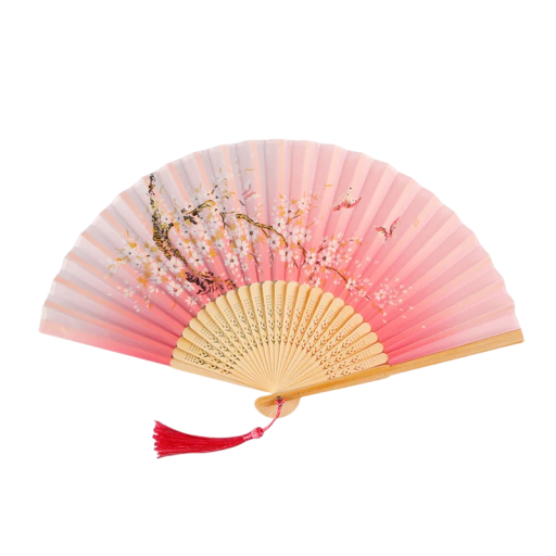 Evantai din bambus chinezesc pentru femei Evantai roz cu ramură înflorită Accesoriu tradițional Decorare în stil oriental Raza 21 cm